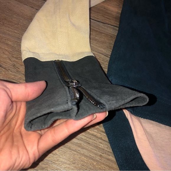 CHASER Suede Leather Blue Body Cream & Grey Cuff Sleeves Colour Block Moto Sz XS - Picture 4 of 11